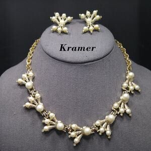 Vintage KRAMER Faux Pearl Necklace Clip Earrings Set Rhinestones 1960s